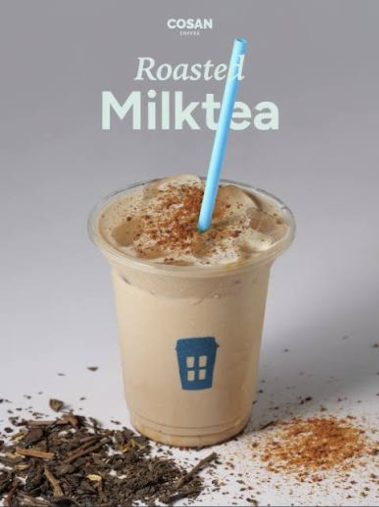 Cosan roasted milk tea topped with roasted tea